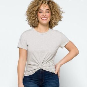 Lush Tamara White Black Striped Crop Tie Knot Short Sleeve Knit Top Size Large